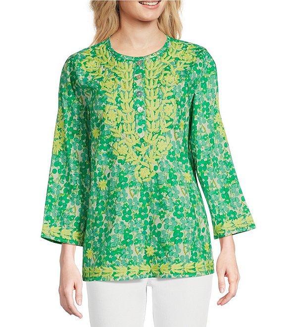 Calessa Mini Floral Embroidered Round Neck Wrist Length Sleeve Tunic Product Image
