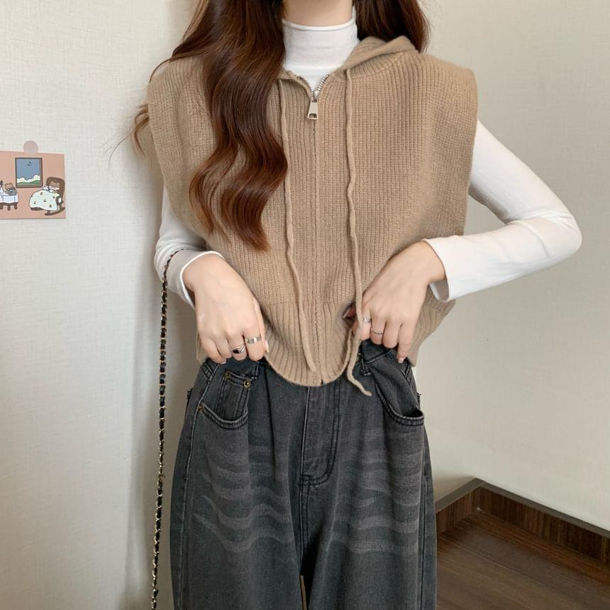 Plain Hood Zip Sweater Vest / Long-Sleeve Mock Neck Plain Top Product Image