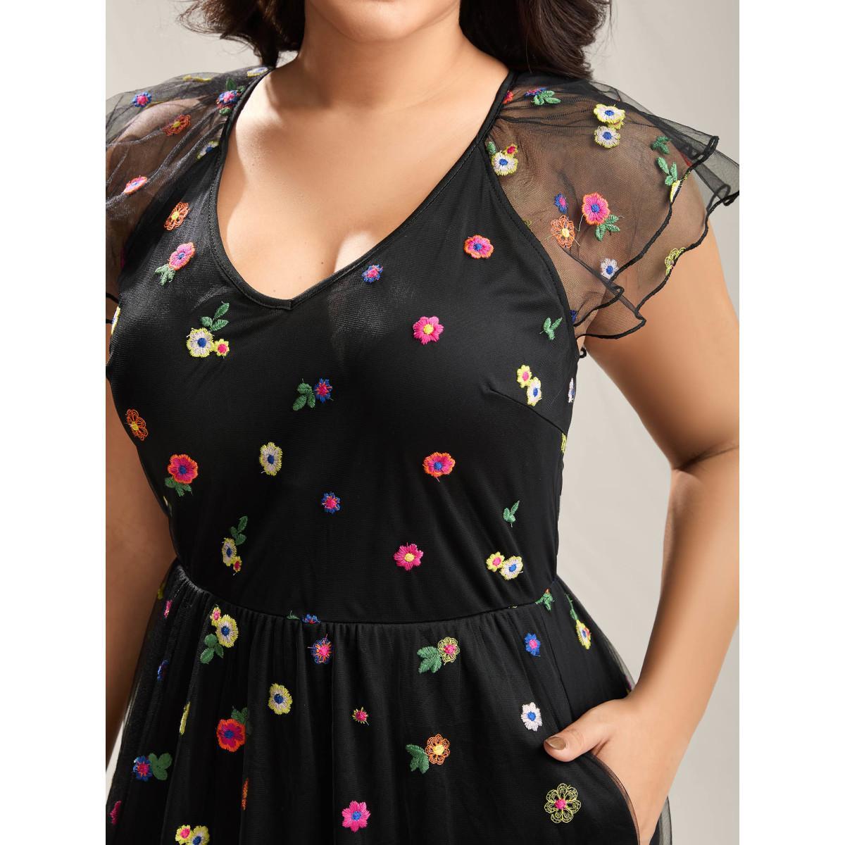 Plus Size Embroidered Colorful Dots Lined Midi Dress Black Women V-neck Cap Sleeve Curvy BloomChic 10/M Product Image