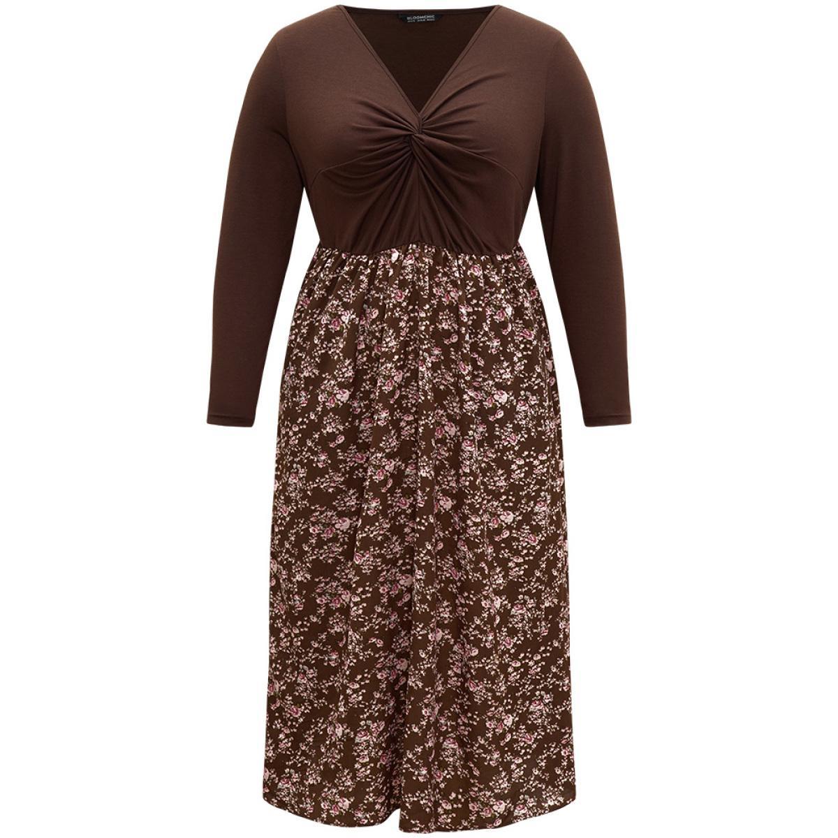 Plus Size Twist Front Ditsy Floral Patchwork Dress DarkBrown Women Elegant Elastic cuffs V-neck Long Sleeve Curvy Midi Dress BloomChic 22-24/3X Product Image
