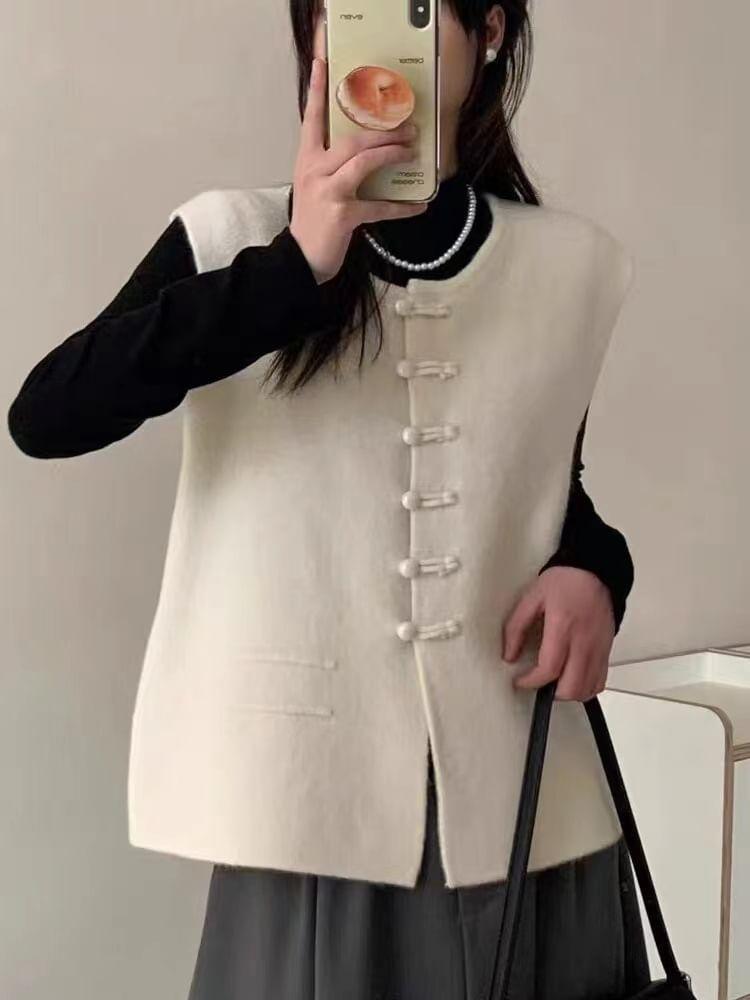 Crew Neck Frog Button Sweater Vest Product Image