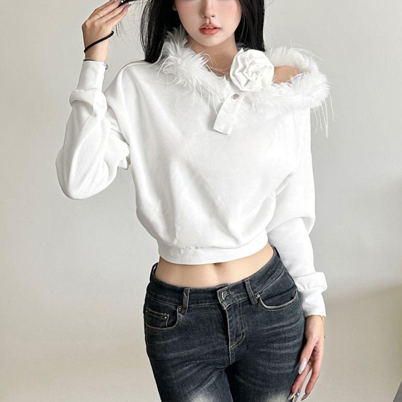 Long Sleeve Cold-Shoulder 3D Flower Furry-Trim Crop Top Product Image