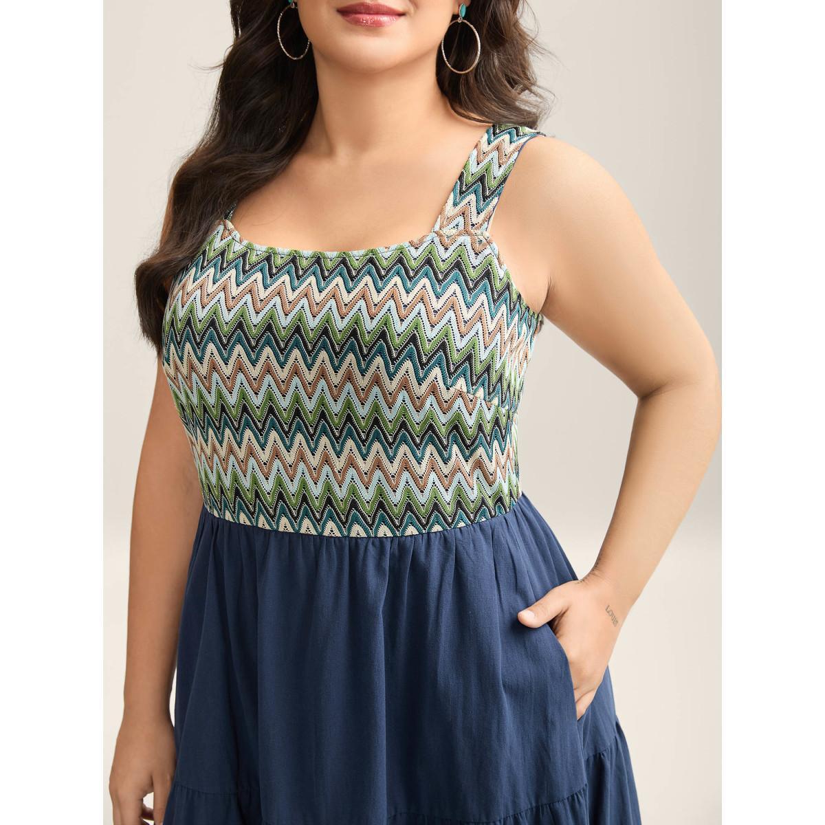 Plus Size Cotton Crochet Stretchy Waist Pockets Midi Dress Navy Women Square Neck Sleeveless Curvy BloomChic 10/M Product Image