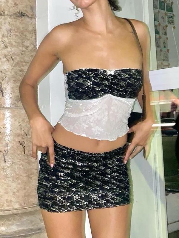 Jacquard See Through Splice Bandeau Top & Mini Skirt Set Product Image