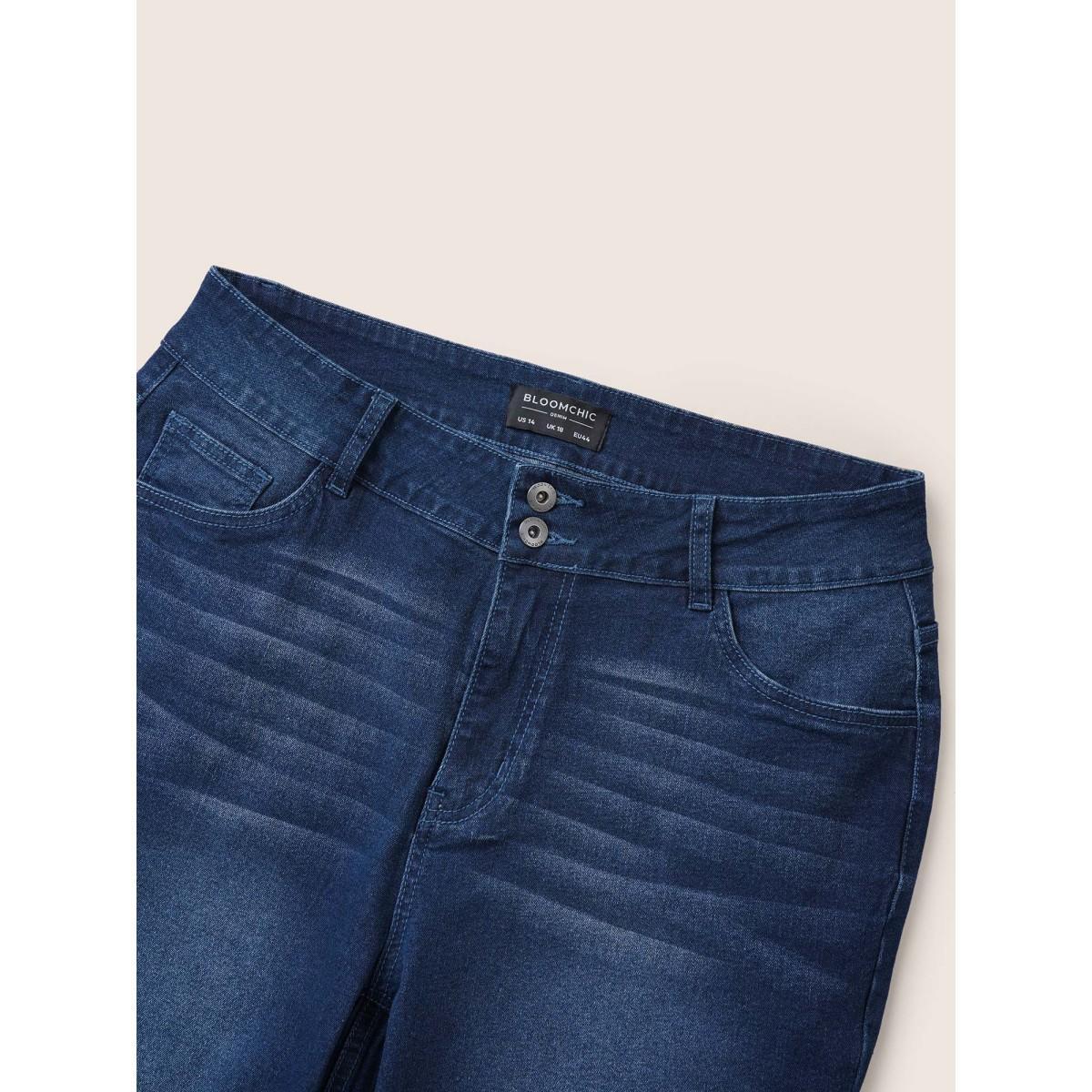 Plus Size Bodycon Roll Hem Medium Wash Jeans Women Blue Casual Plain Non High stretch Slanted pocket Jeans BloomChic 30/6X Product Image