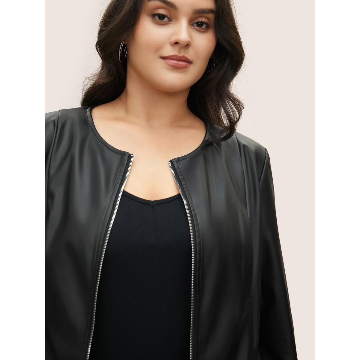 Plus Size PU Leather Pocket Zipper Jacket Women Black Non Side seam pocket Everyday Jackets BloomChic 30/6X Product Image