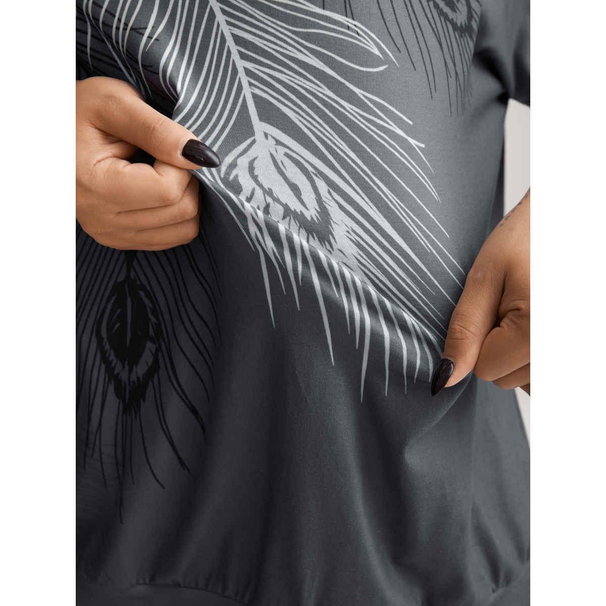 Plus Size Stretchy Feather Print Cut-Out Sleeve T-Shirt DimGray Women Non Art&design Round Neck Loose Everyday-Casual T-shirts BloomChic 18-20/2X Product Image