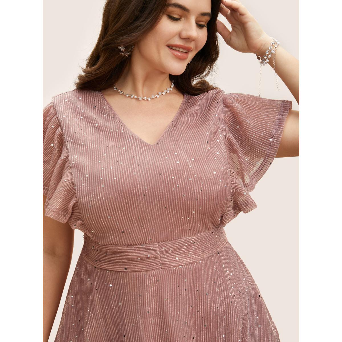 Plus Size Dirtypink Glitter Mesh V Neck Ruffle Cap Sleeve Blouse Women Formal Cap Sleeve V-neck Party Blouses BloomChic 18-20/2X Product Image