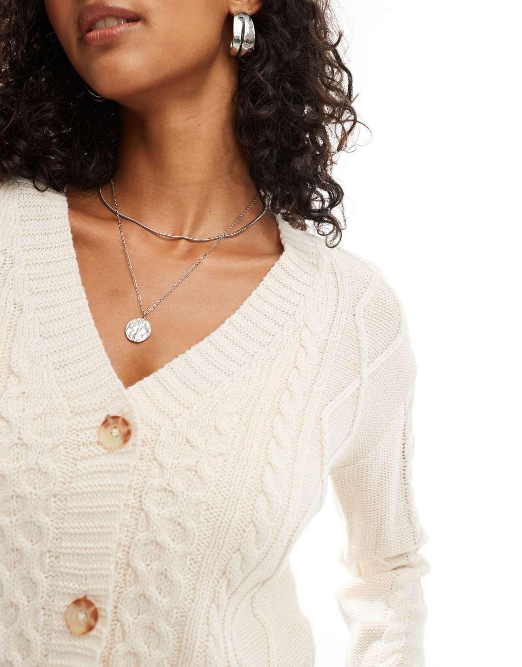 Threadbare cropped cable knit cardigan in cream Product Image