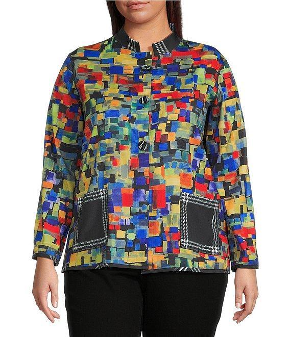 Ali Miles Plus Size Woven Abstract Multi Print Stand Collar 3/4 Sleeve Reversible Jacket Product Image
