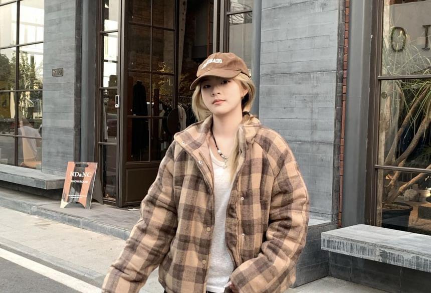 Stand Collar Plaid Padded Zip Jacket Product Image