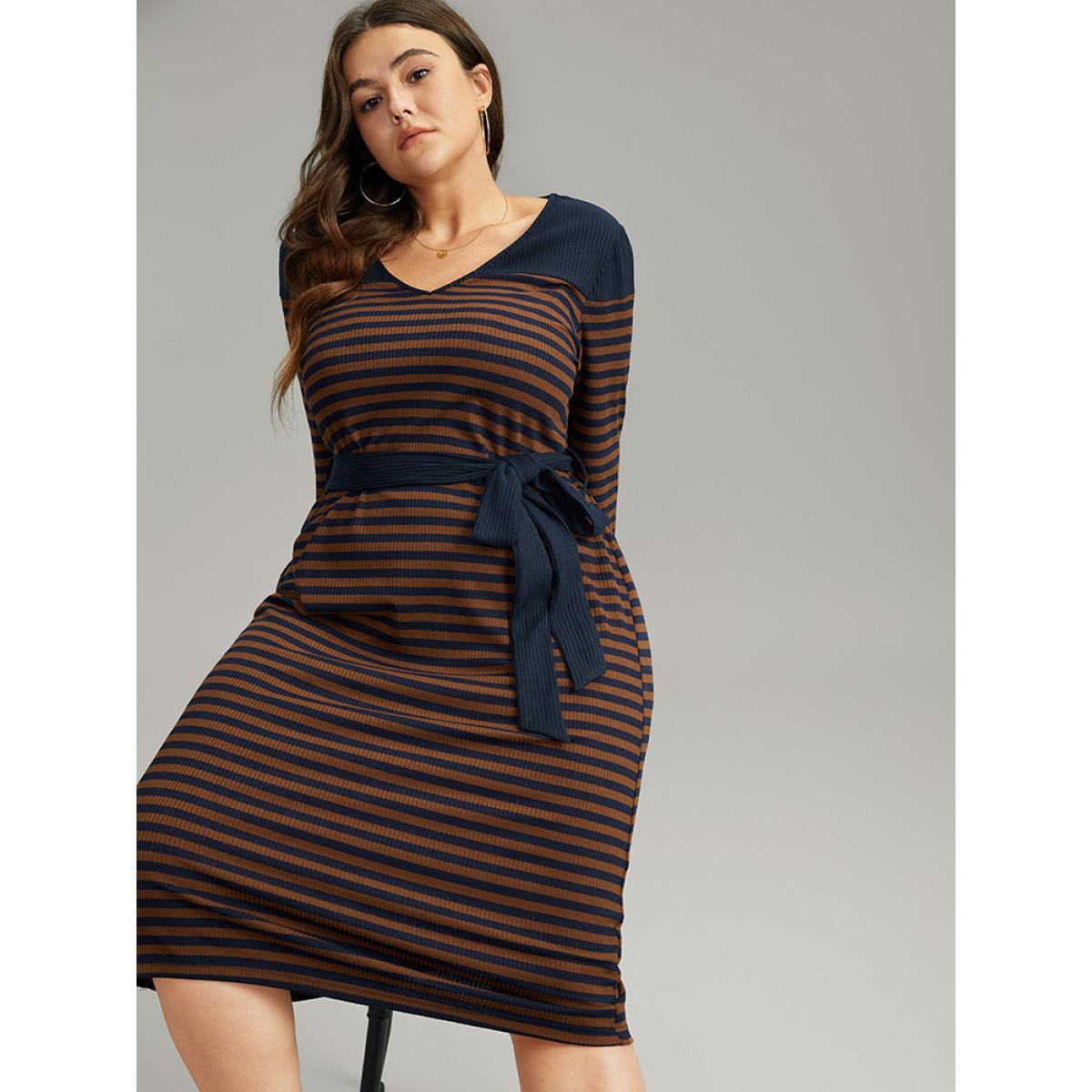 Plus Size Rib Knit Belted Patchwork Contrast Dress DarkBrown Women Casual Belted V-neck Long Sleeve Curvy Midi Dress BloomChic 30/6X Product Image