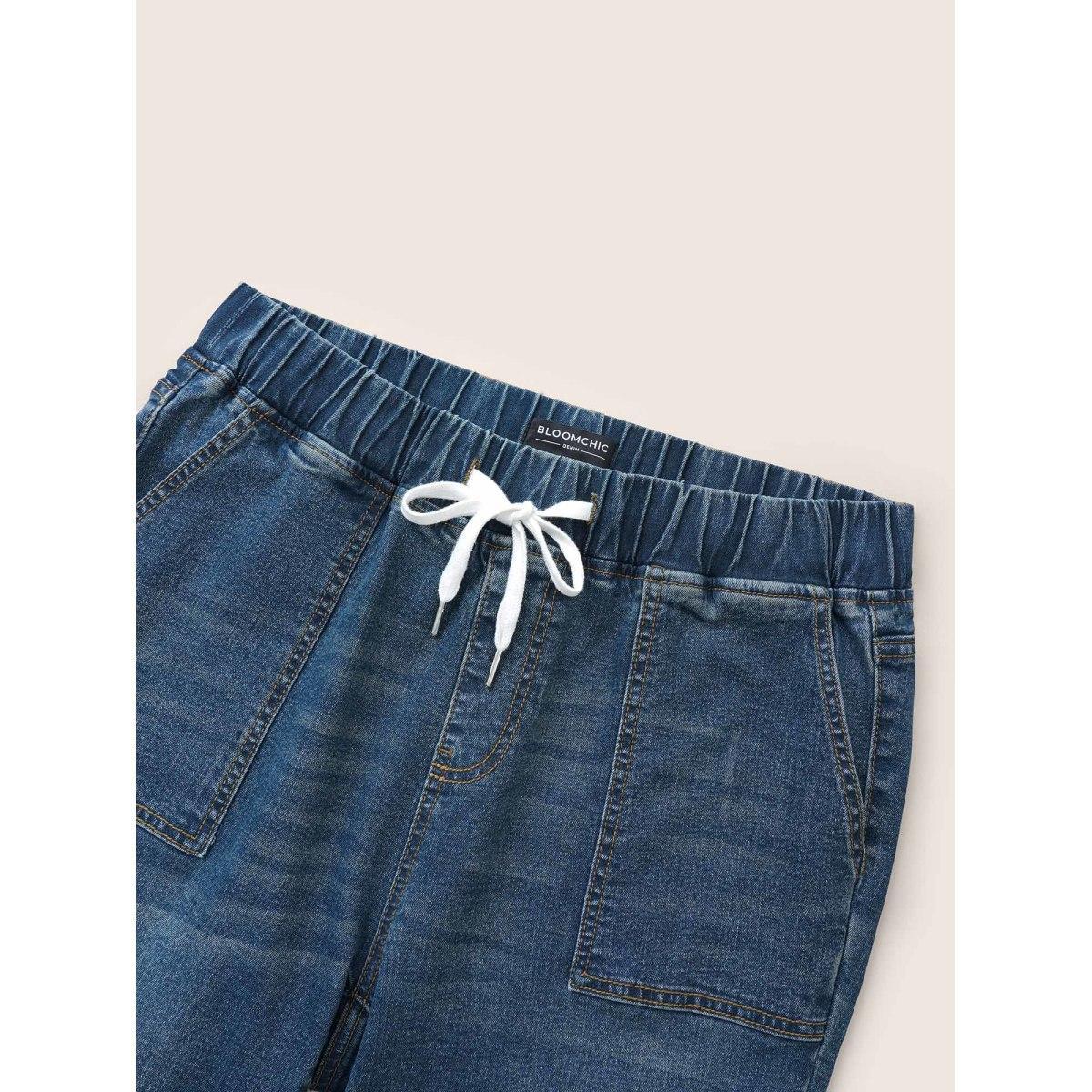 Plus Size Drawstring Elastic Waist Roll Hem Jeans Women DarkBlue Casual Plain Drawstring High stretch Slanted pocket Jeans BloomChic 18/2X Product Image