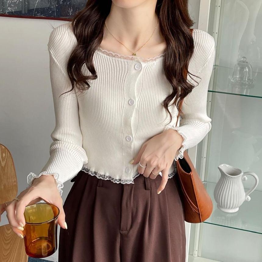 Long Sleeve Scoop Neck Plain Lace Trim Crop Cardigan Product Image