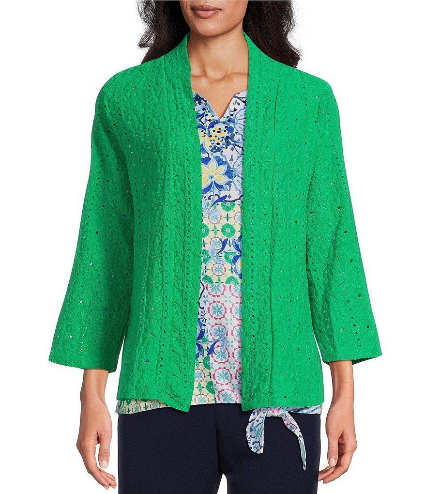 Allison Daley Petite Size Floral Eyelet Knit 3/4 Sleeve Open-Front Cardigan Product Image