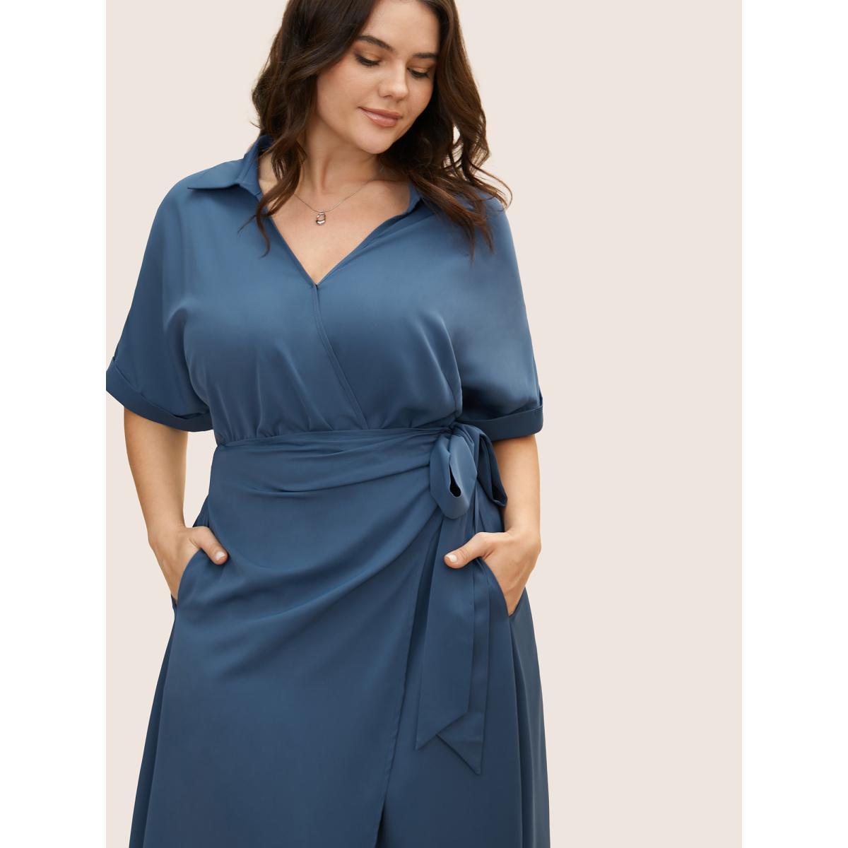 Plus Size Shirt Collar Tie Knot Gathered Wrap Hem Dress Mediumblue Women Workwear Essentials Tie knot Shirt collar Half Sleeve Curvy BloomChic 10/M Product Image