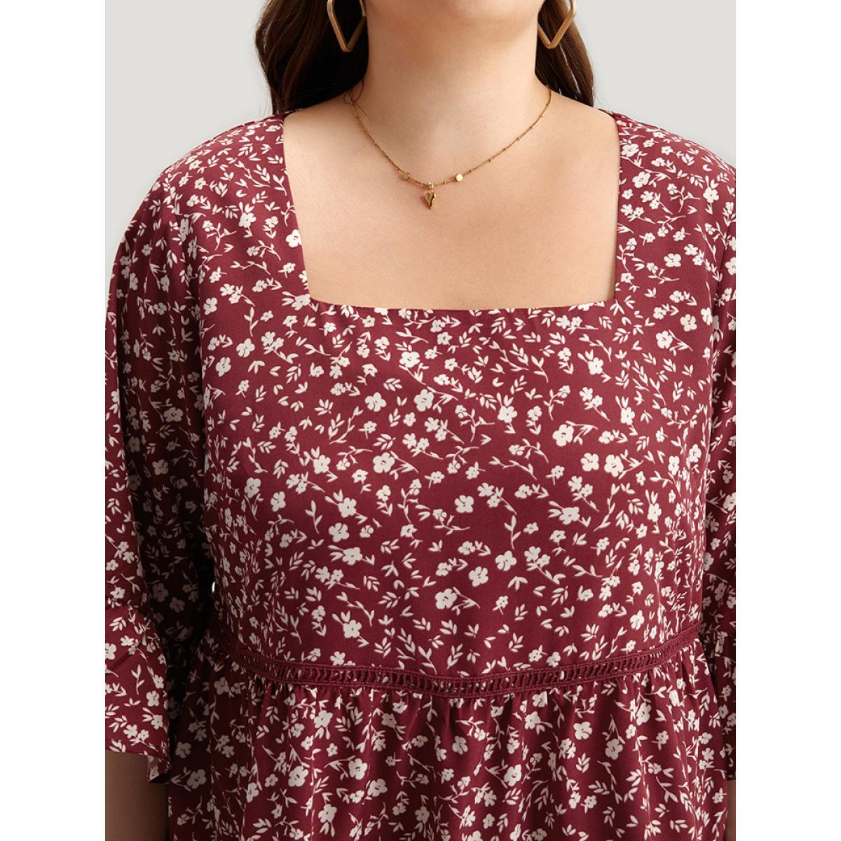 Plus Size Burgundy Silhouette Floral Print Lace Patchwork Square Neck Flutters Blouse Women Elegant Elbow-length sleeve Square Neck Dailywear Blouses BloomChic 10/M Product Image