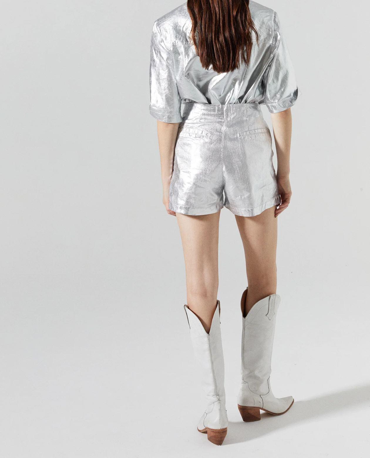 Lanthropy Frida Metallic Linen Shorts-Silver Product Image