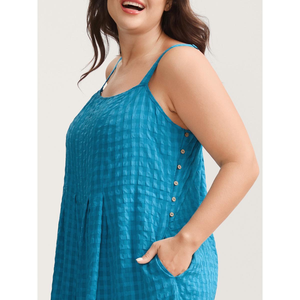 Plus Size Cerulean Textured Plaid Pleated Cami Jumpsuit Women Sleeveless Square Neck Everyday-Casual Loose Jumpsuits BloomChic 12/L Product Image
