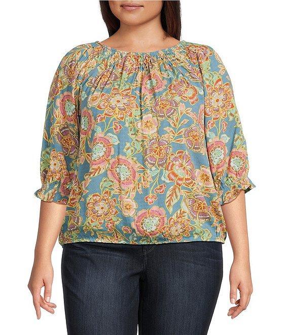 Democracy Plus Size Woven Novelty Print Scoop Neck Elbow Blouson Sleeve Smocked Bubble Hem Top Product Image