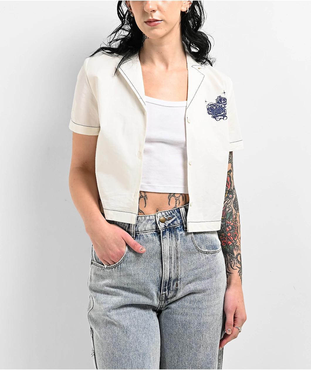 Empyre Bucky Rose Beige Crop Button Up Short Sleeve Shirt Product Image