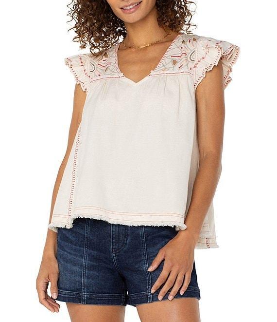 Liverpool Los Angeles Woven V-Neck Cap Sleeve Embroidered Top Product Image