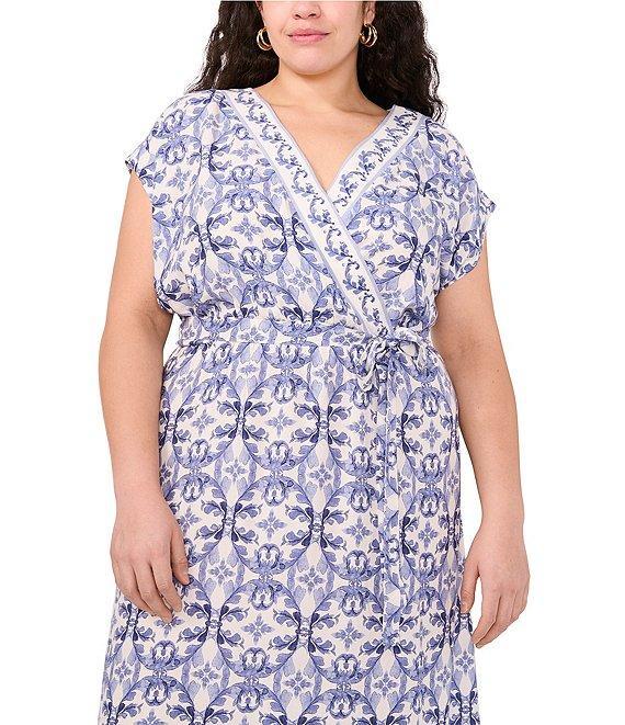 Vince Camuto Plus Size Woven Printed V-Neck Cap Sleep Tie Front Maxi Wrap Dress Product Image