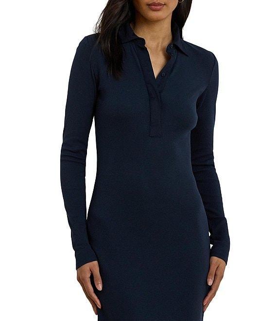 Lauren Ralph Lauren Ribbed Knit Cotton Blend Polo Collar Long Sleeve Sheath Dress Product Image