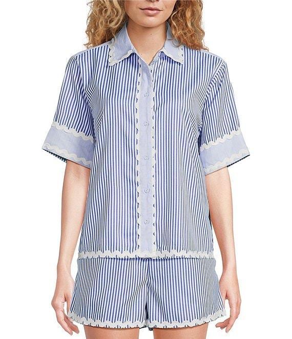 A Loves A Woven Ric Rac Trim Stripe Point Collar Scallop Hem Button Front Coordinating Shirt Product Image