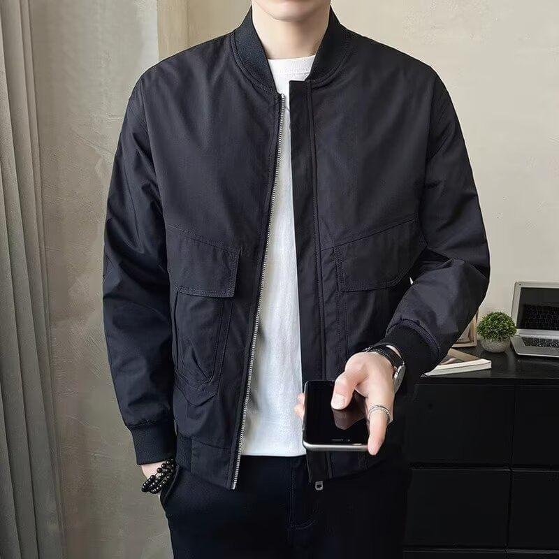 Stand Collar Plain Zip Bomber Jacket Product Image