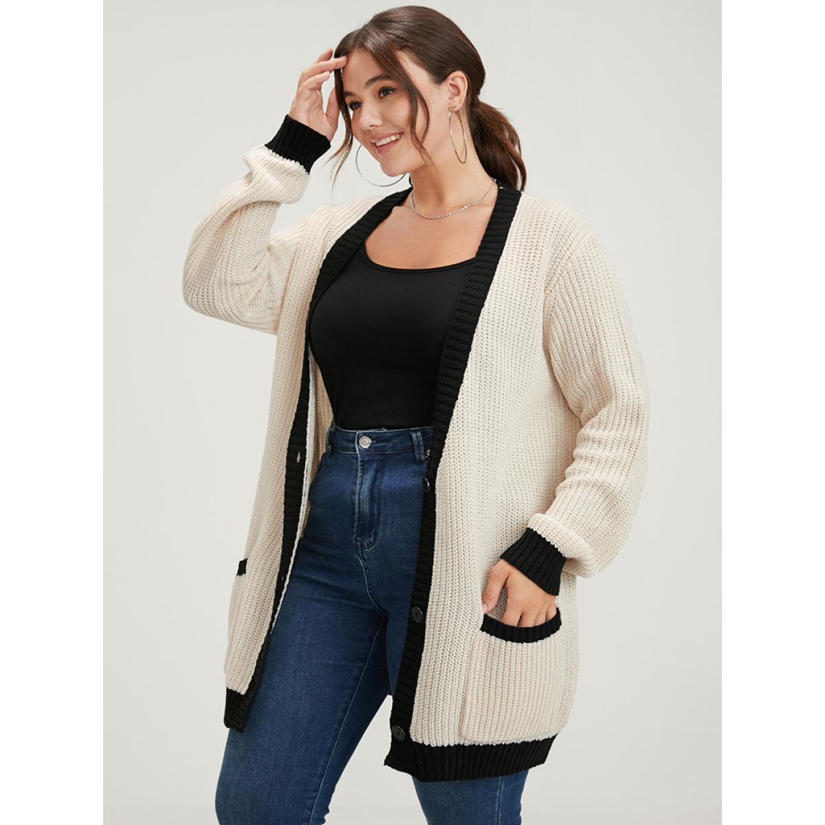 Plus Size Contrast Trim Pointelle Knit Pocket Button Front Cardigan Beige Women Elegant Loose Long Sleeve Dailywear Cardigans BloomChic 30/6X Product Image