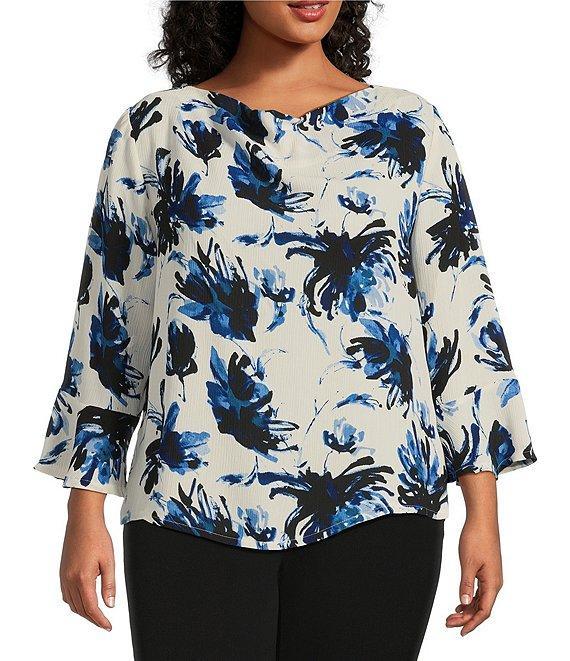 Investments Plus Size Woven Expressive Blooms 3/4 Ruffle Sleeve Cowl Neck Top Product Image
