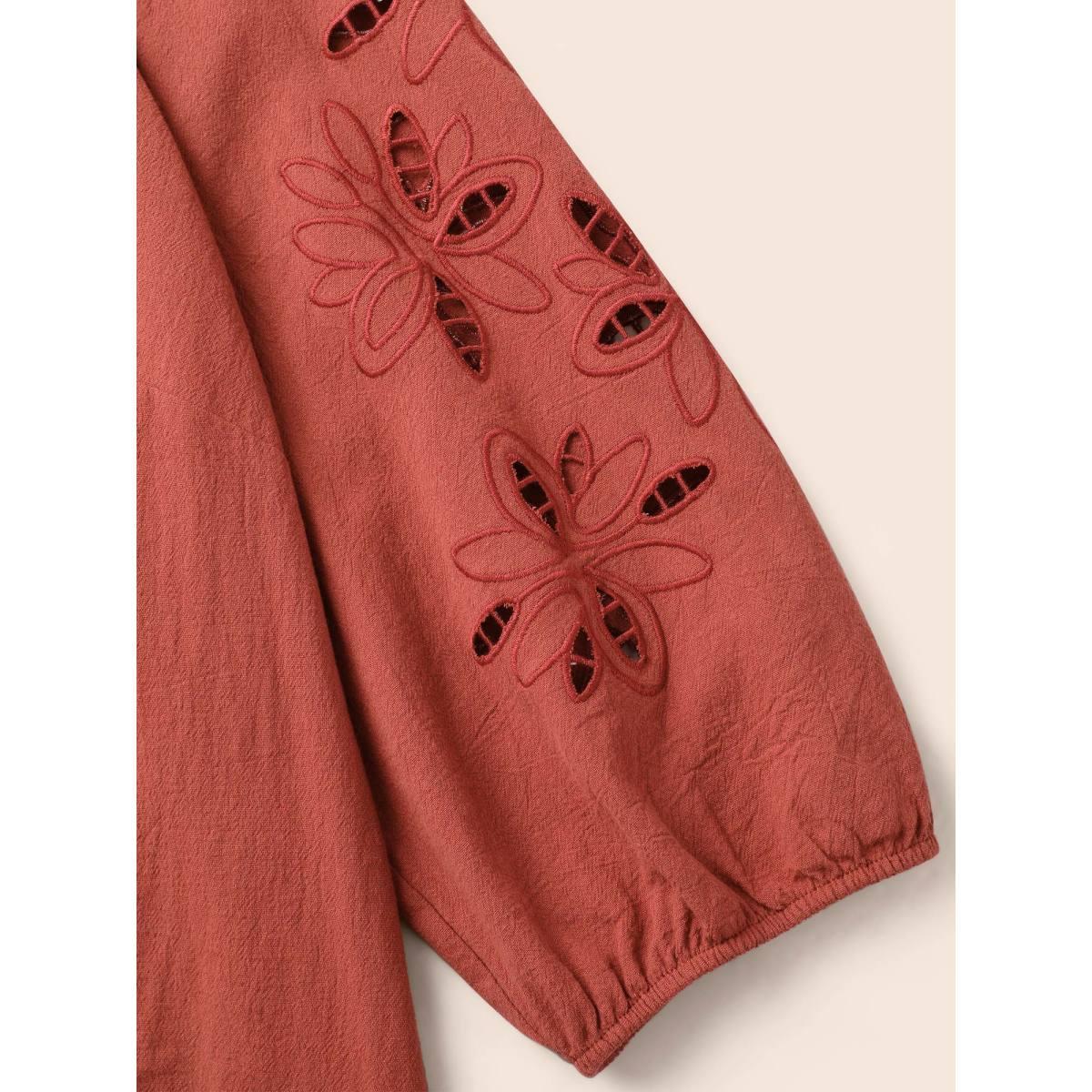 Plus Size Rust Broderie Anglaise Gathered Tie Knot Blouse Women Resort Elbow-length sleeve Round Neck Vacation Blouses BloomChic 26/4X Product Image