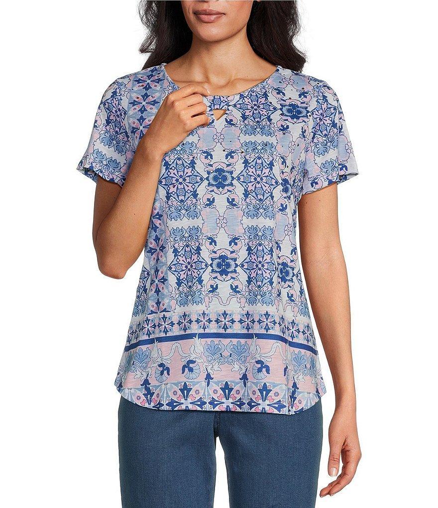 Allison Daley Pink Folk Tile Print Short Sleeve Keyhole Neck Knit Top Product Image