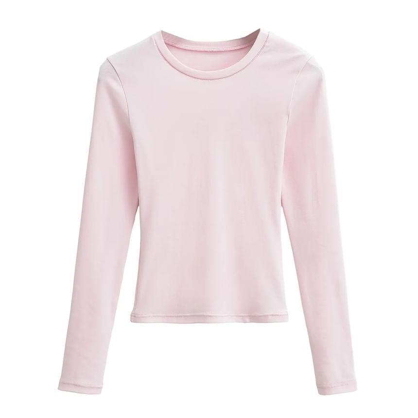 Long-Sleeve Crew Neck Plain Crop T-Shirt Product Image