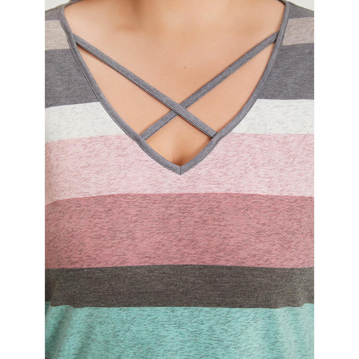 Plus Size Colour Striped Contrast Crisscross Lantern Sleeve T-shirt Multicolor Women Casual Elastic cuffs Striped V-neck Dailywear T-shirts BloomChic 30/6X Product Image