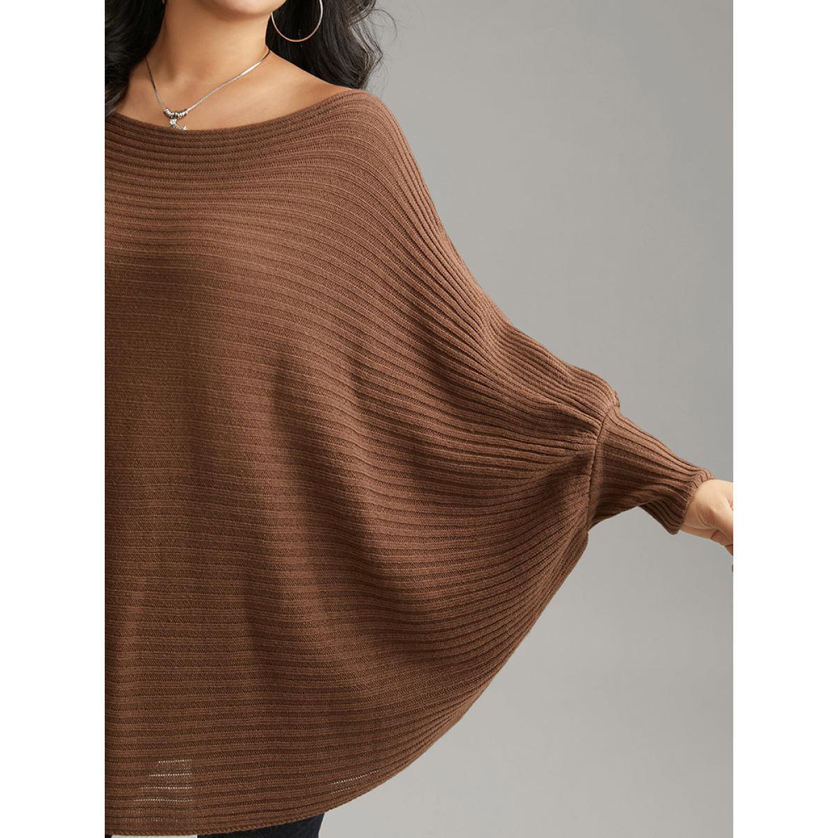 Plus Size Solid Textured Off Shoulder Batwing Sleeve Pullover DarkBrown Women Casual Loose Long Sleeve One-shoulder neck Dailywear Pullovers BloomChic 26/4X Product Image