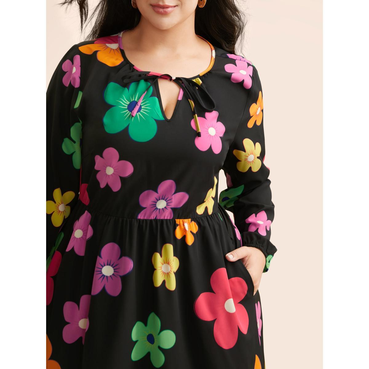 Plus Size Colored Floral Tie Knot Midi Dress Black Women Casual Tie knot Round Neck Long Sleeve Curvy BloomChic 14-16/1X Product Image