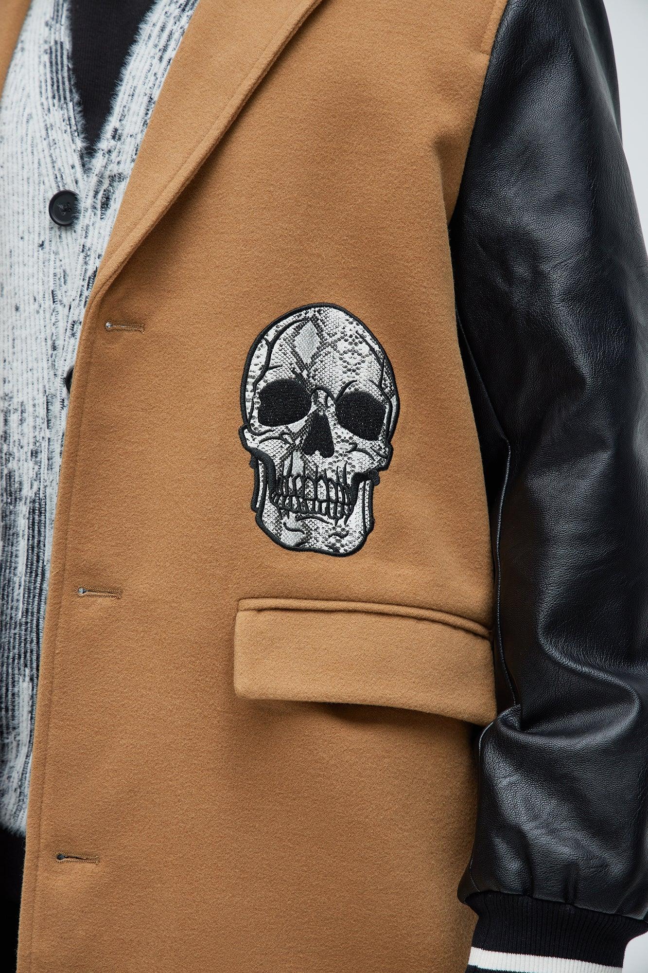 Skull Faux Leather Sleeves Long Coat - Tan Product Image