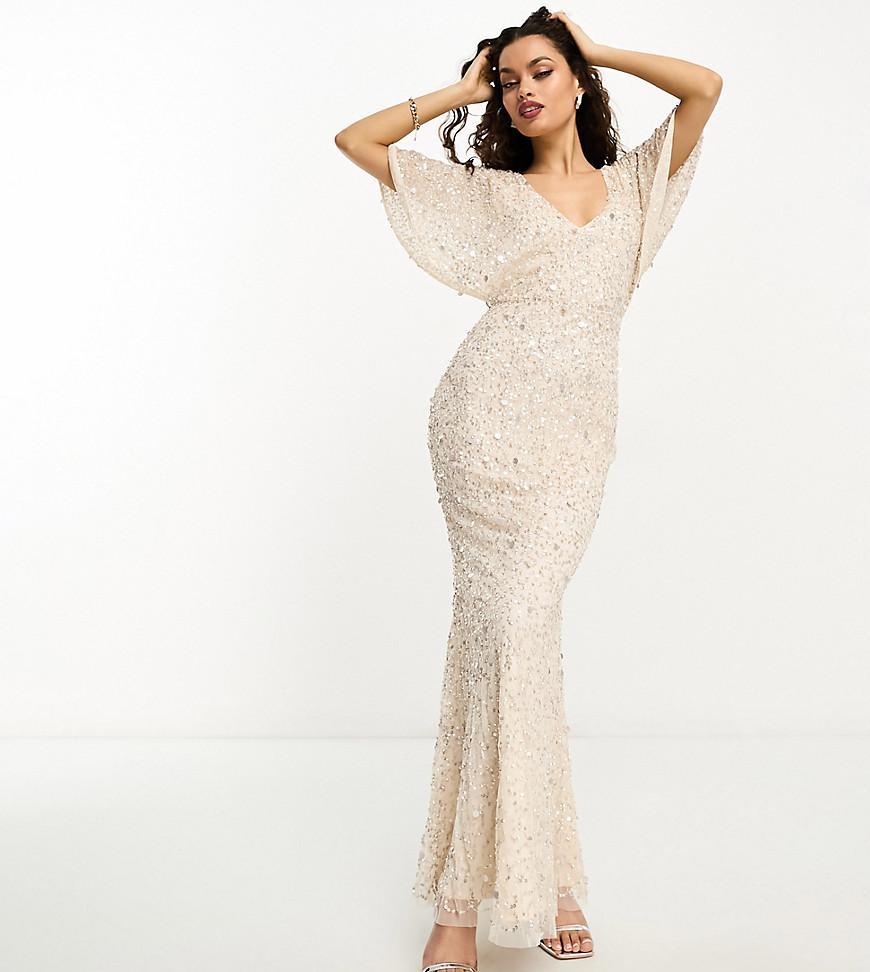 Beauut Petite Bridesmaid embellished maxi dress with flutter sleeve in champagne Product Image
