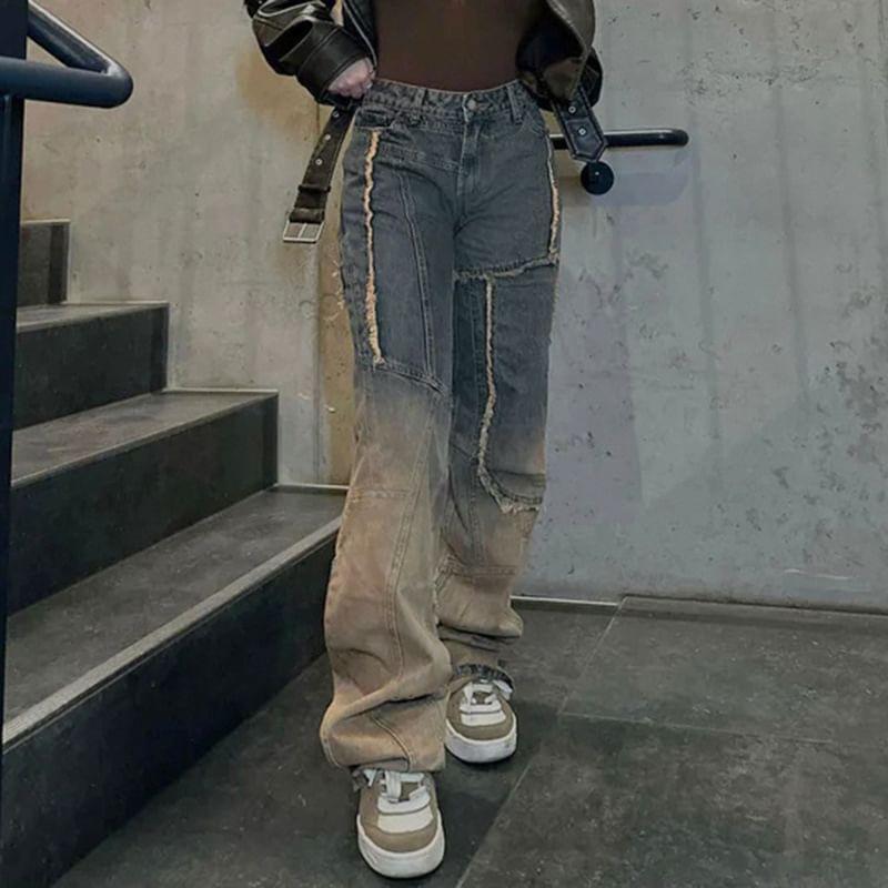Mid Waist Washed Fray Panel Wide Leg Jeans Product Image