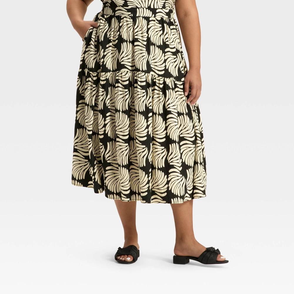Women's Tiered Midi A-Line Skirt - A New Day™ Black/Cream Seashell Product Image