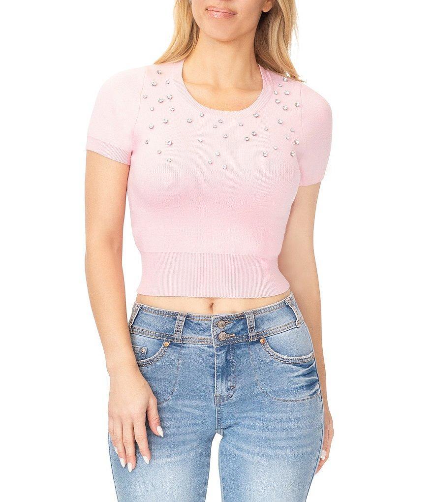 Stevie by Stevie Madden Rhinestone Short Sleeve Crop Sweater Product Image
