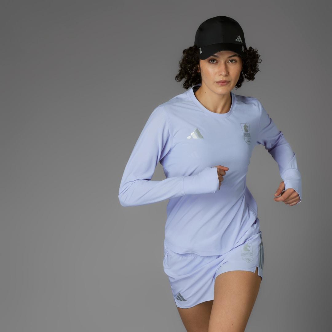 adidas Boston Marathon 2025 Own the Run Long Sleeve Tee Blue Dawn XL Womens Product Image
