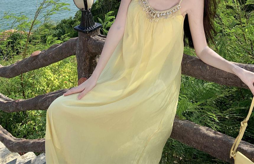 Spaghetti Strap V-Neck Beaded Maxi A-Line Dress Product Image