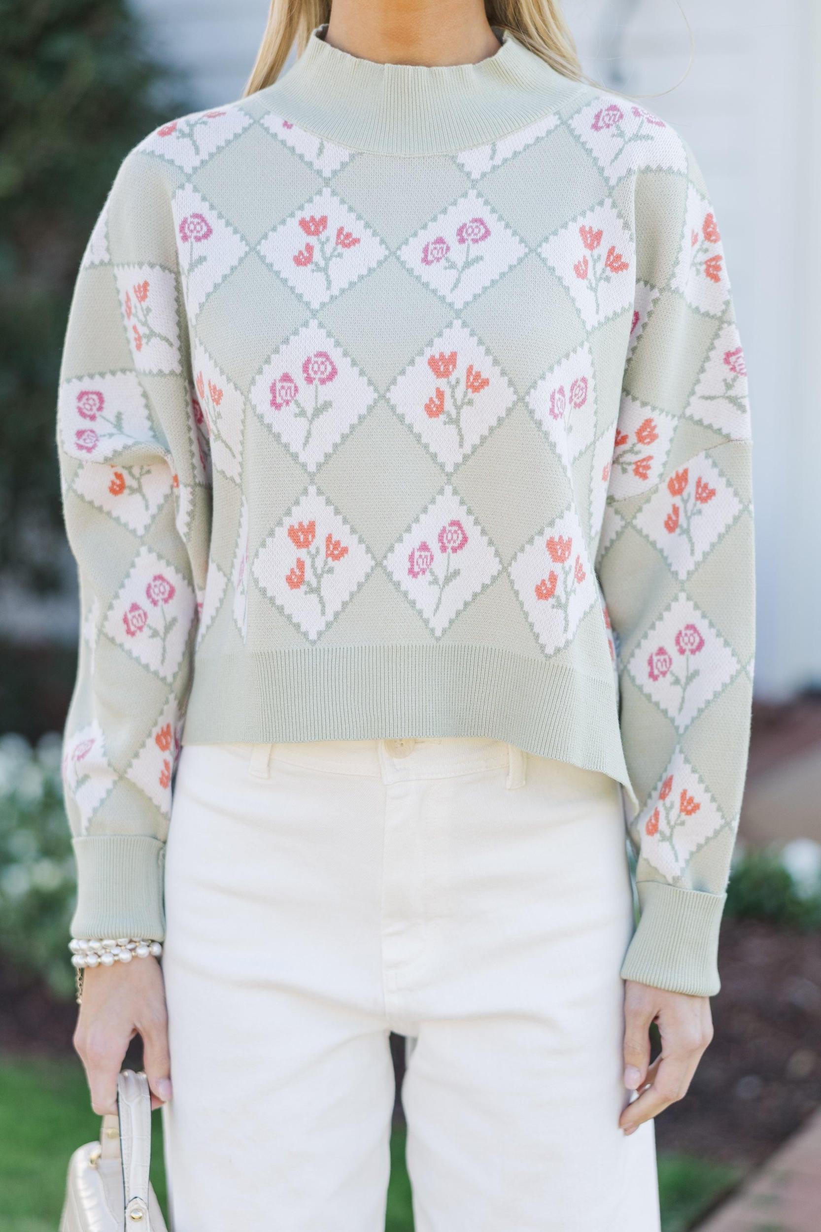 Perfectly You Sage Floral Argyle Cropped Sweater Female Product Image