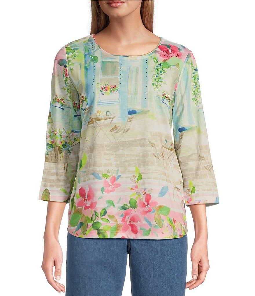 Allison Daley Town Country Border Print 3/4 Sleeve Crew Neck Knit Top Product Image