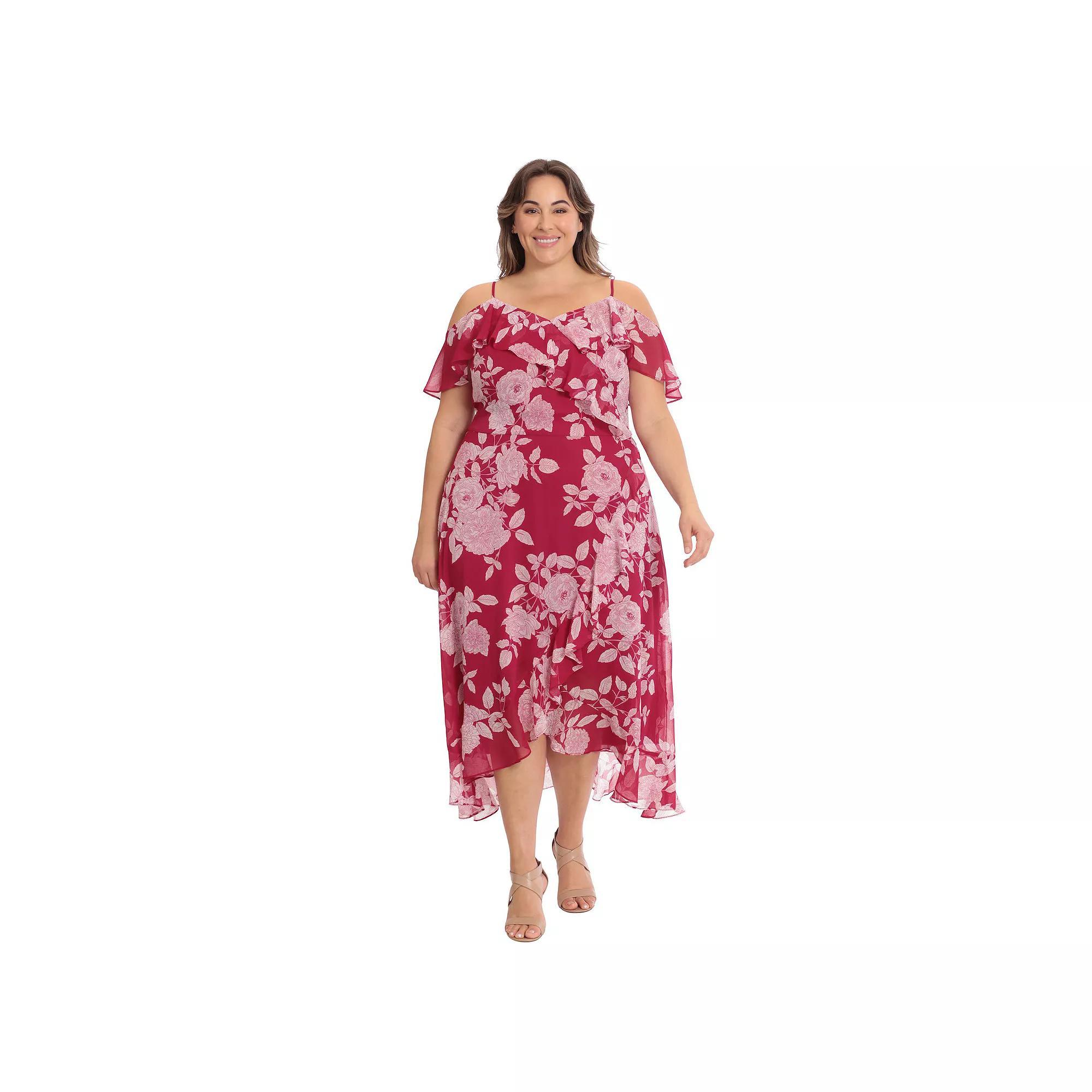 Plus Size London Times Cold Shoulder Ruffle Faux Wrap Dress, Womens Product Image