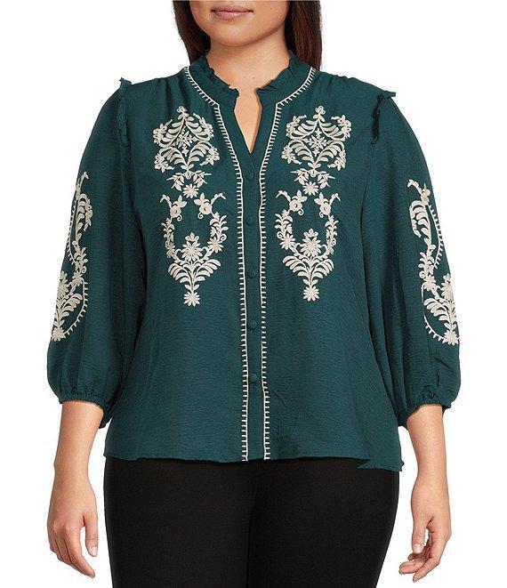 Calessa Plus Size Embroidered Placement Print Ruffle Split V-Neck 3/4 Sleeve Button Front Tunic Product Image
