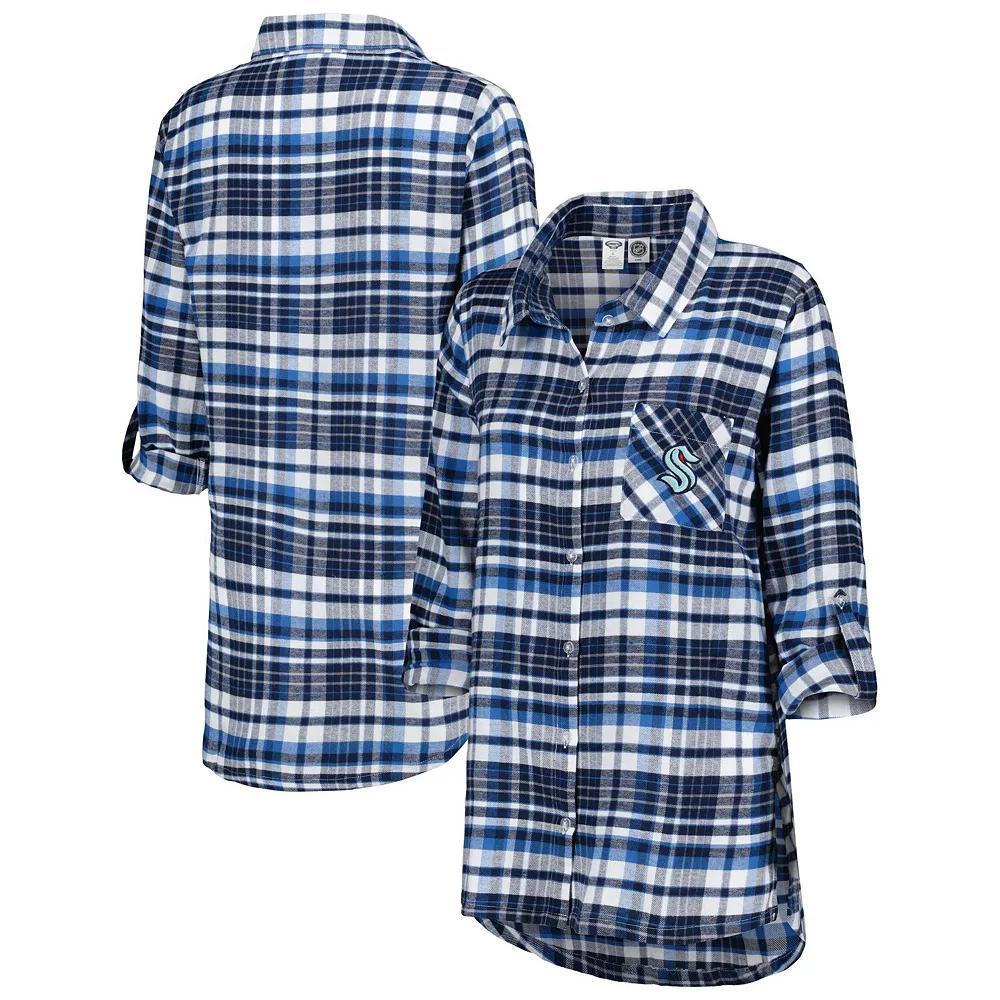 Women's Concepts Sport Deep Sea Blue Seattle Kraken Mainstay Flannel Full-Button Long Sleeve Nightshirt, Size: Medium, Krk Blue Product Image